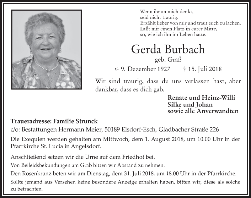  Traueranzeige für Gerda Burbach vom 25.07.2018 aus  Werbepost 