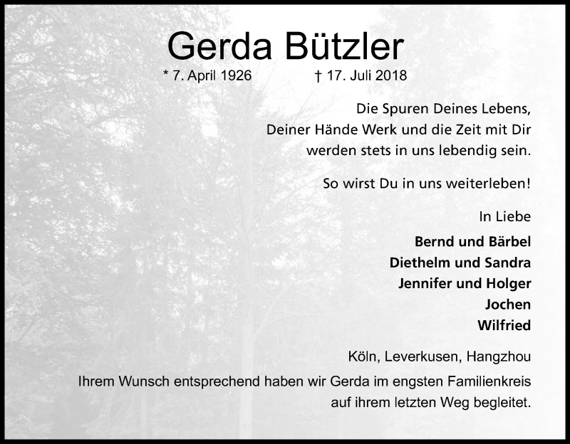  Traueranzeige für Gerda Bützler vom 28.07.2018 aus GS