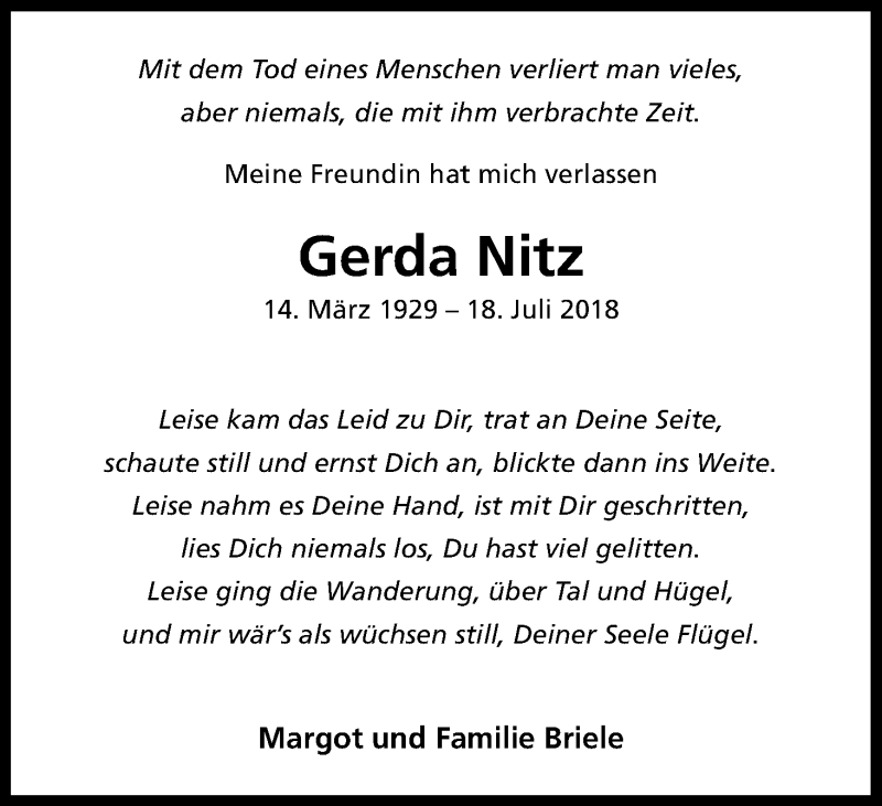  Traueranzeige für Gerda Nitz vom 20.07.2018 aus GS