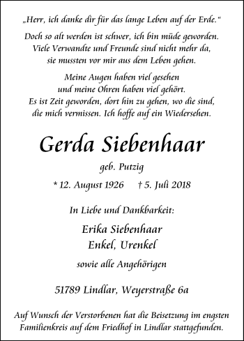 Anzeige von Gerda Siebenhaar von RON