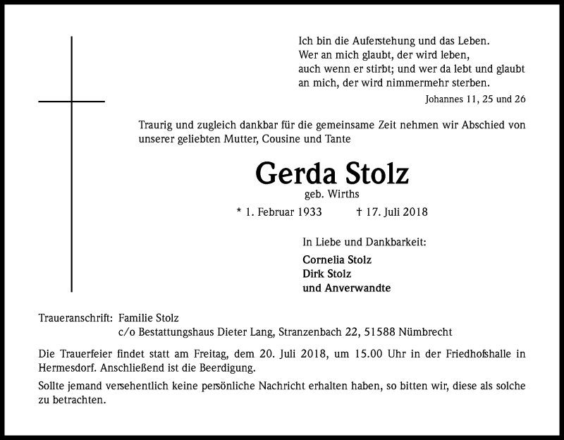  Traueranzeige für Gerda Stolz vom 19.07.2018 aus OB