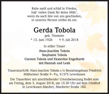 Anzeige von Gerda Tobola von SLE