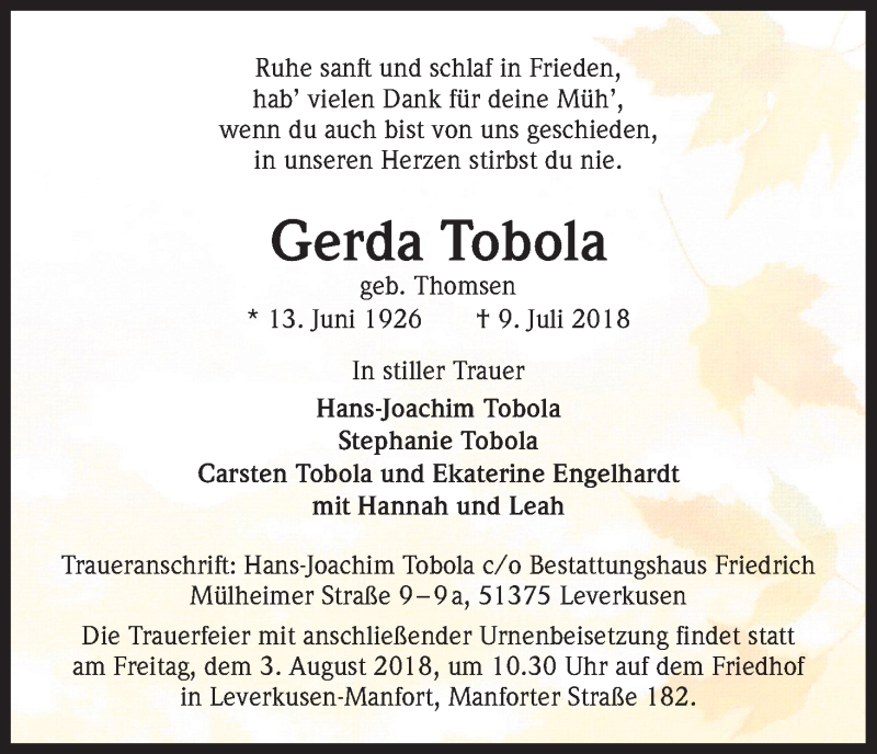  Traueranzeige für Gerda Tobola vom 31.07.2018 aus SLE