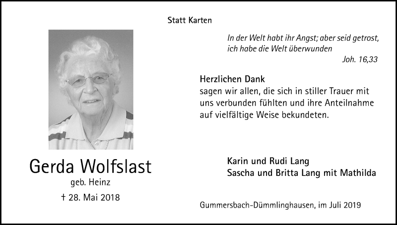 Traueranzeige für Gerda Wolfslast vom 14.07.2018 aus OB
