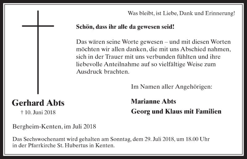  Traueranzeige für Gerhard Abts vom 25.07.2018 aus  Werbepost 