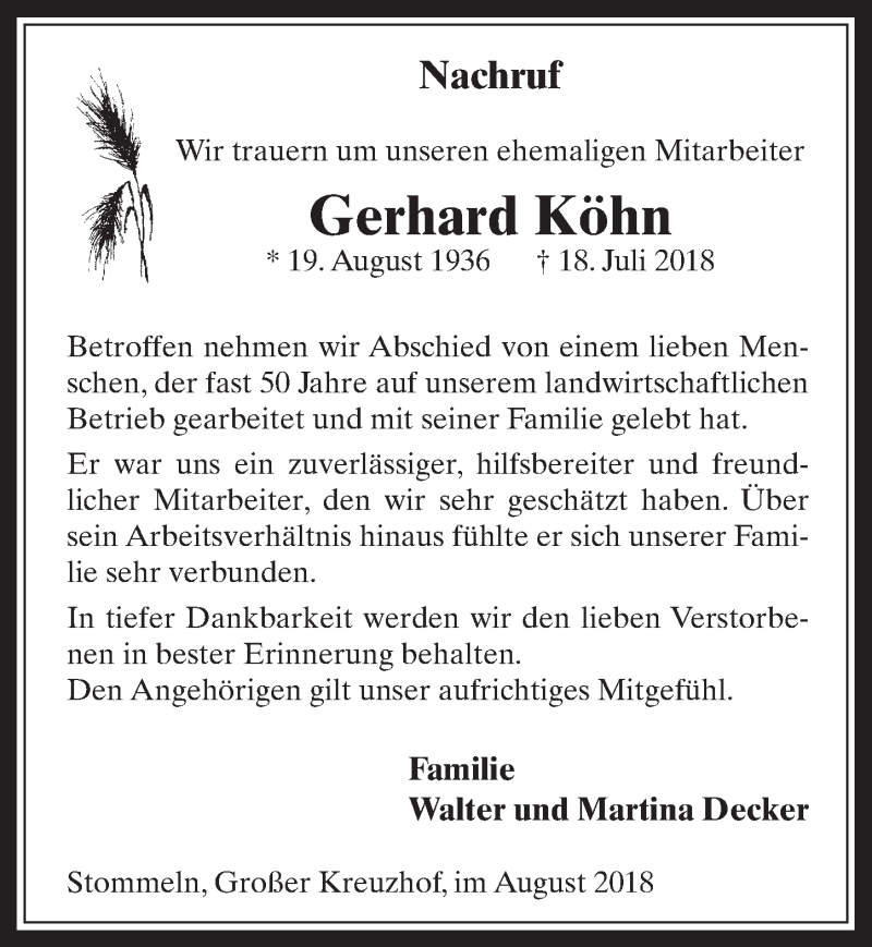  Traueranzeige für Gerhard Köhn vom 01.08.2018 aus  Wochenende 