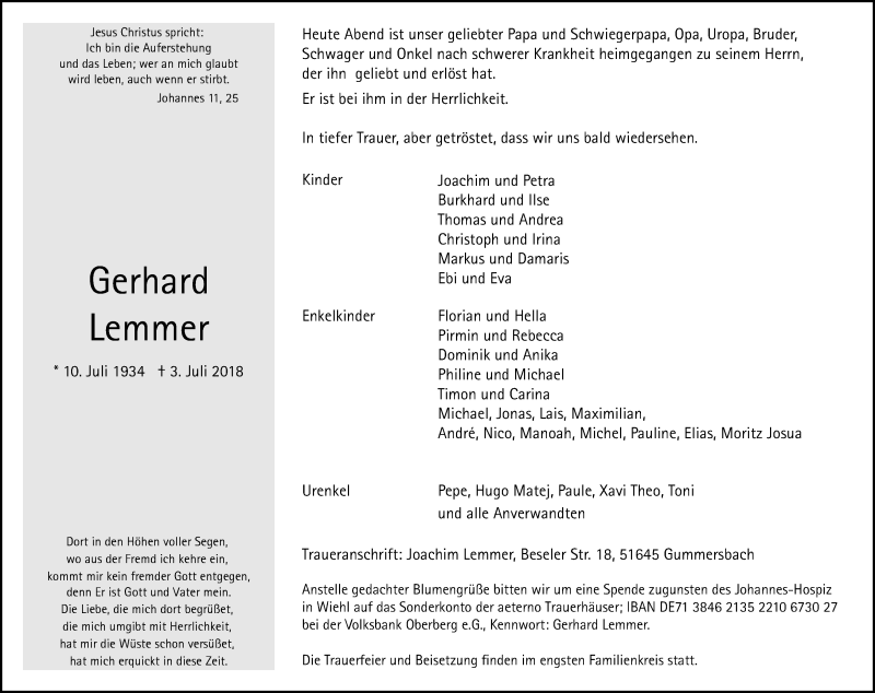  Traueranzeige für Gerhard Lemmer vom 07.07.2018 aus OB