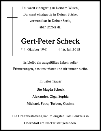 Anzeige von Gert-Peter Scheck von Kölner Stadt-Anzeiger / Kölnische Rundschau / Express