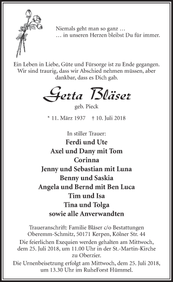 Anzeige von Gerta Bläser von  Sonntags-Post 
