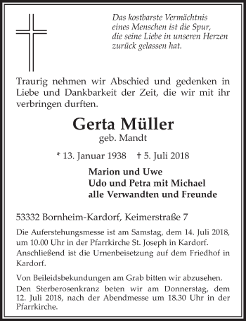 Anzeige von Gerta Müller von  Schlossbote/Werbekurier 