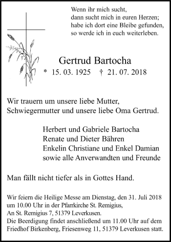 Anzeige von Gertrud Bartocha von  Leverkusener Wochenende 