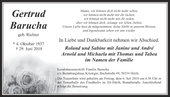 Anzeige von Gertrud Barucha von  Wochenende 