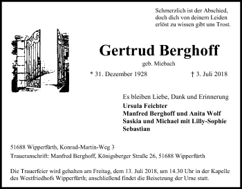 Anzeige von Gertrud Berghoff von RON