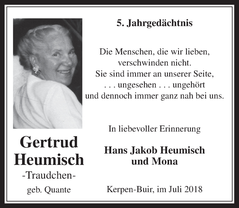  Traueranzeige für Gertrud Heumisch vom 25.07.2018 aus  Werbepost 