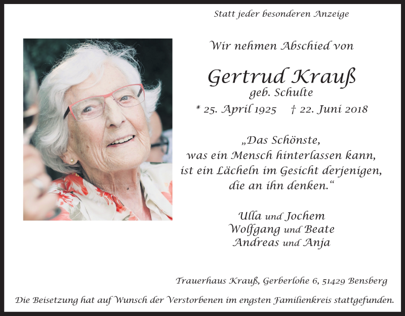  Traueranzeige für Gertrud Krauß vom 06.07.2018 aus RB