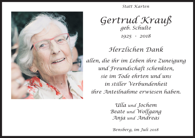  Traueranzeige für Gertrud Krauß vom 28.07.2018 aus RB