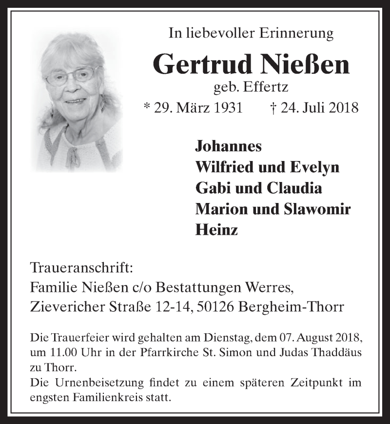  Traueranzeige für Gertrud Nießen vom 01.08.2018 aus  Werbepost 