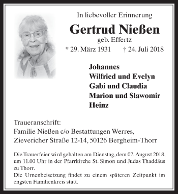 Anzeige von Gertrud Nießen von  Werbepost 