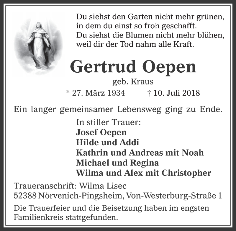  Traueranzeige für Gertrud Oepen vom 18.07.2018 aus  Werbepost 