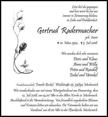 Anzeige von Gertrud Radermacher von EN