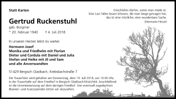 Anzeige von Gertrud Ruckenstuhl von RB
