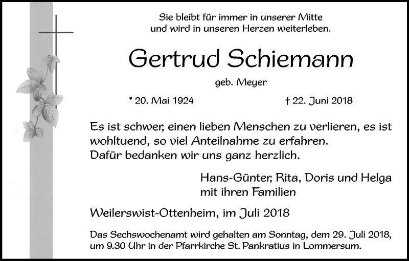  Traueranzeige für Gertrud Schiemann vom 21.07.2018 aus EN