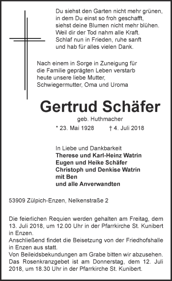 Anzeige von Gertrud Schäfer von  Blickpunkt Euskirchen 