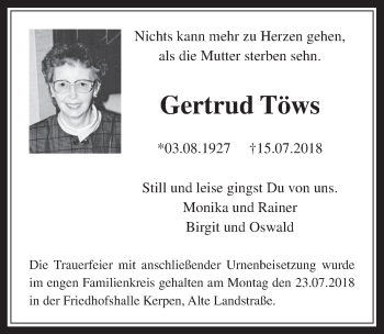 Anzeige von Gertrud Töws von  Werbepost 