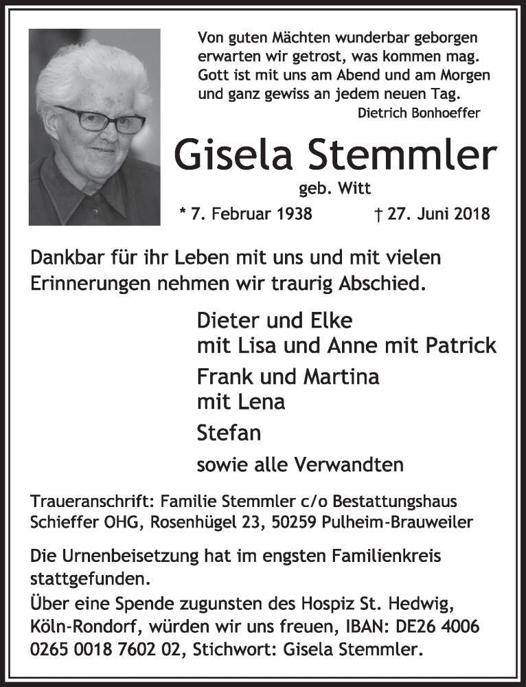  Traueranzeige für Gisela Stemmler vom 07.07.2018 aus  Sonntags-Post 