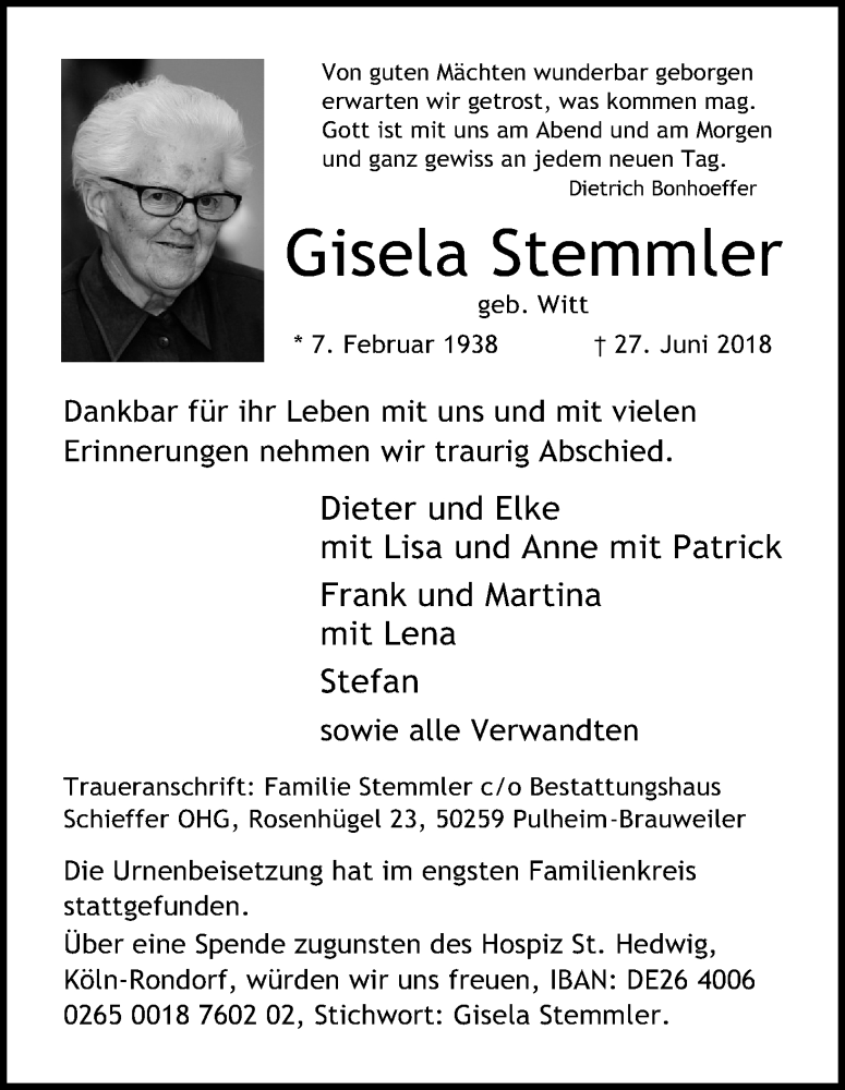  Traueranzeige für Gisela Stemmler vom 07.07.2018 aus GS