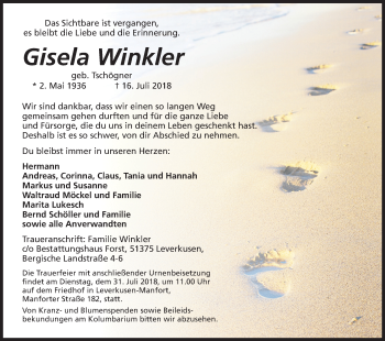 Anzeige von Gisela Winkler von SLE
