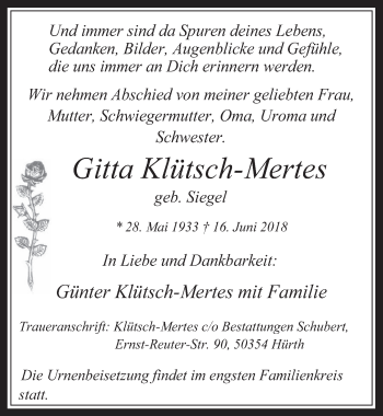 Anzeige von Gitta Klütsch-Mertes von  Wochenende 