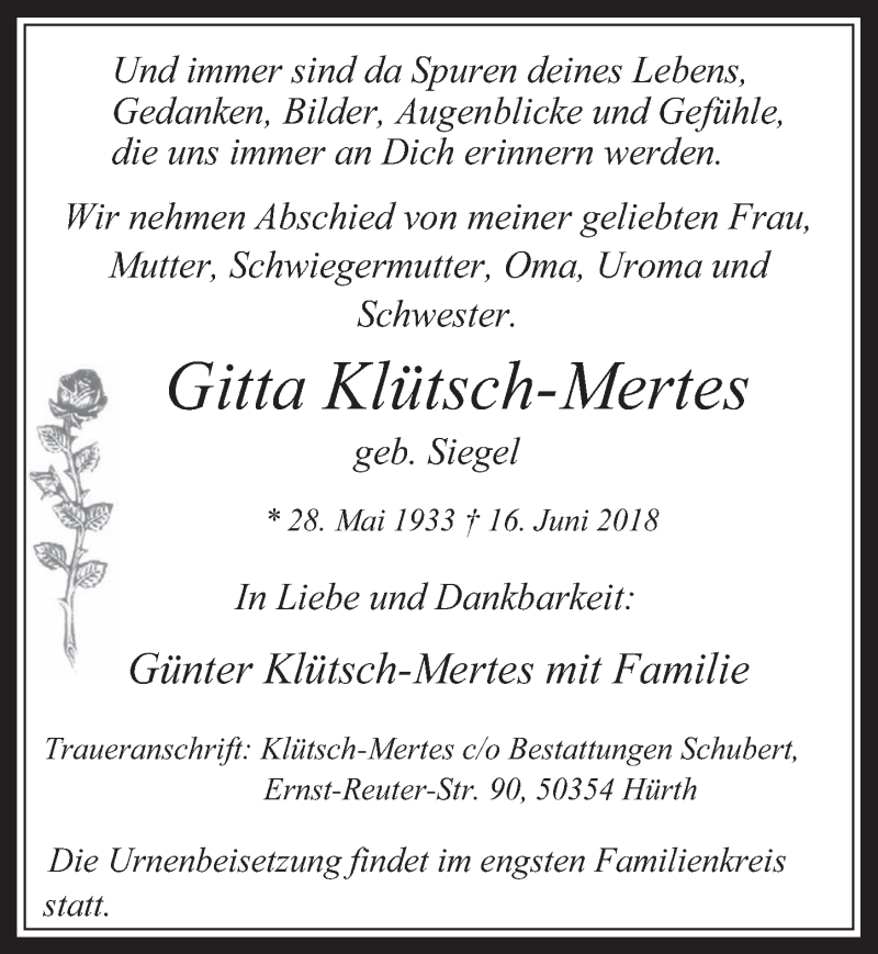  Traueranzeige für Gitta Klütsch-Mertes vom 04.07.2018 aus  Wochenende 