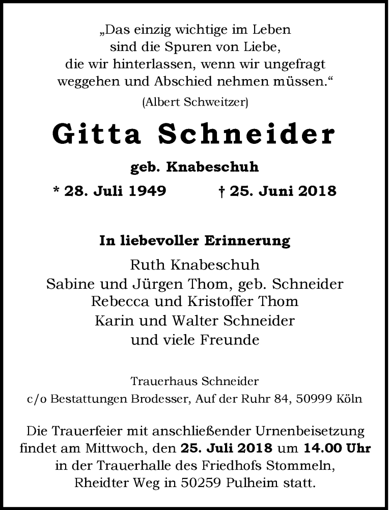  Traueranzeige für Gitta Schneider vom 18.07.2018 aus  Wochenende 