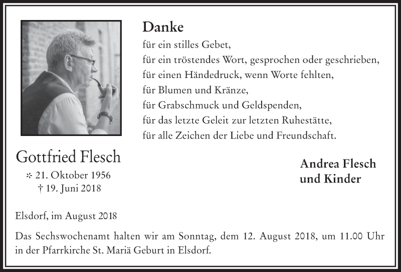  Traueranzeige für Gottfried Flesch vom 01.08.2018 aus  Werbepost 