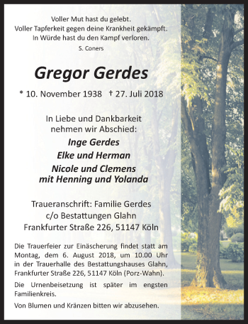 Anzeige von Gregor Gerdes von  Kölner Wochenspiegel 
