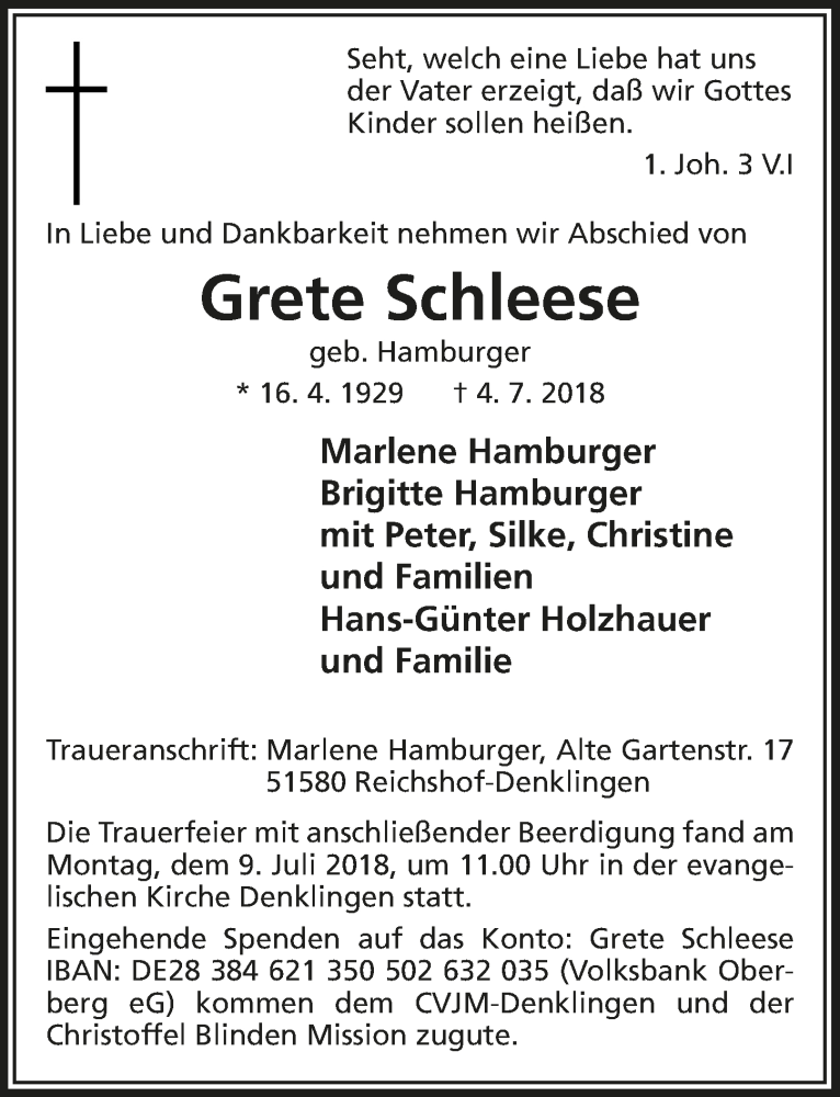  Traueranzeige für Grete Schleese vom 11.07.2018 aus  Lokalanzeiger 