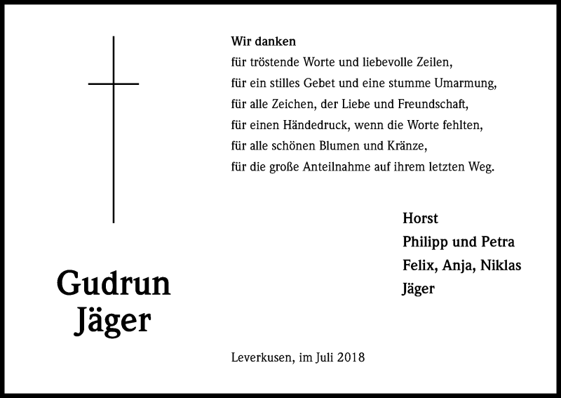  Traueranzeige für Gudrun Jäger vom 04.07.2018 aus SLE
