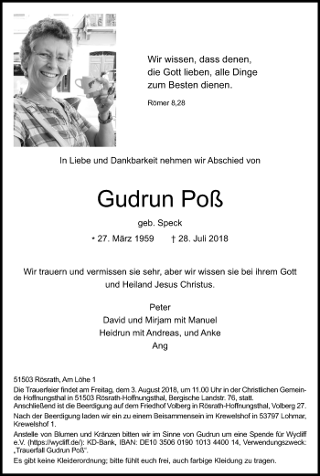 Anzeige von Gudrun Poß von Kölner Stadt-Anzeiger / Kölnische Rundschau / Express