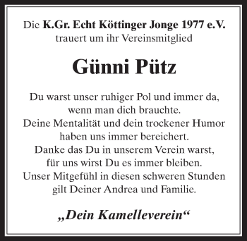 Anzeige von Günni Pütz von  Werbepost 