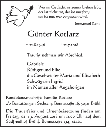 Anzeige von Günter Kotlarz von  Schlossbote/Werbekurier 
