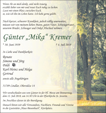 Anzeige von Günter Kremer von RB