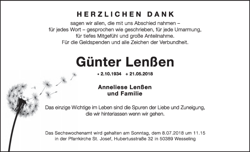  Traueranzeige für Günter Lenßen vom 04.07.2018 aus  Schlossbote/Werbekurier 