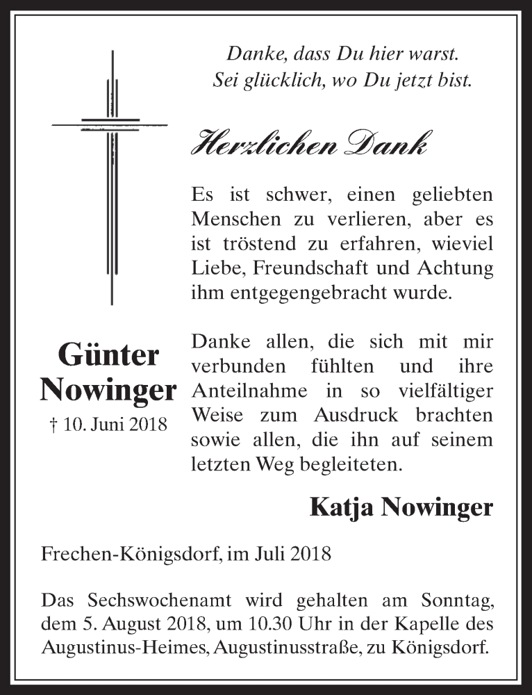  Traueranzeige für Günter Nowinger vom 25.07.2018 aus  Wochenende 