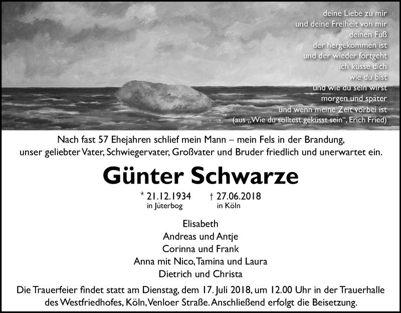  Traueranzeige für Günter Schwarze vom 11.07.2018 aus GS