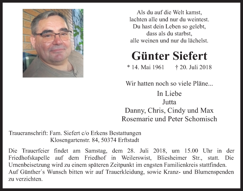  Traueranzeige für Günter Siefert vom 25.07.2018 aus  Werbepost 