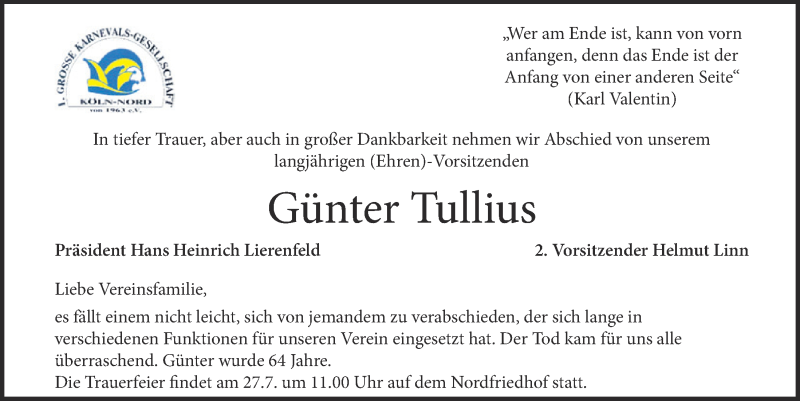  Traueranzeige für Günter Tullius vom 25.07.2018 aus  Kölner Wochenspiegel 