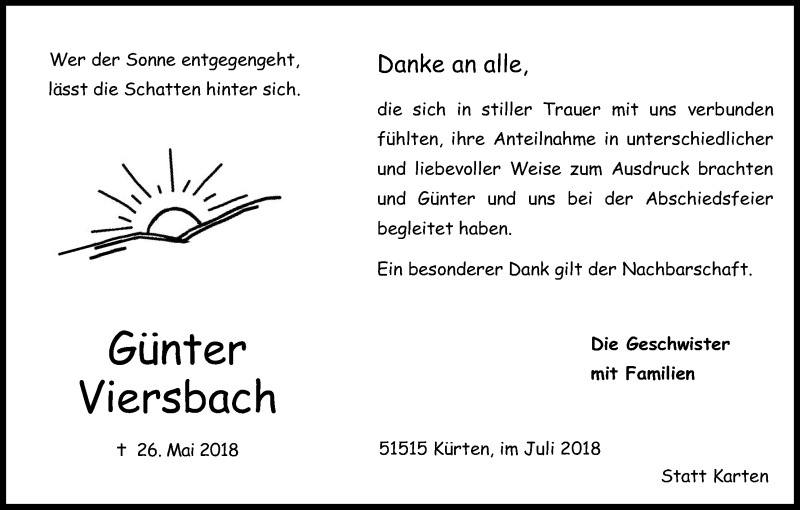  Traueranzeige für Günter Viersbach vom 14.07.2018 aus RB