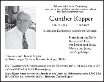Anzeige von Günther Küpper von  Schlossbote/Werbekurier 