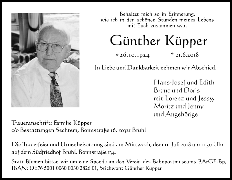  Traueranzeige für Günther Küpper vom 04.07.2018 aus KL